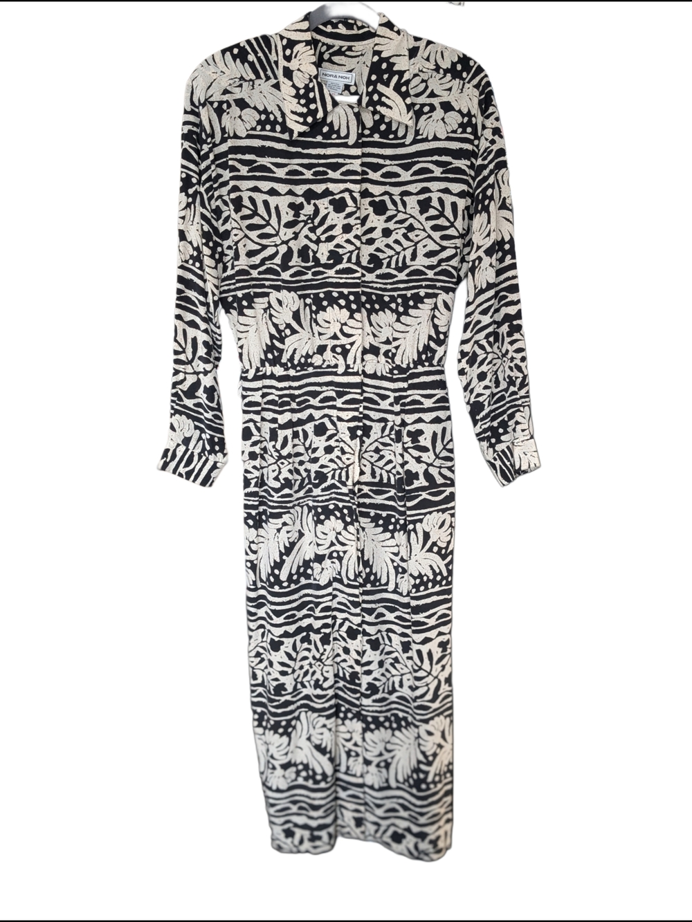 80s Vintage Silk Tropical Abstract Print Black & White Button-Up Maxi Dress